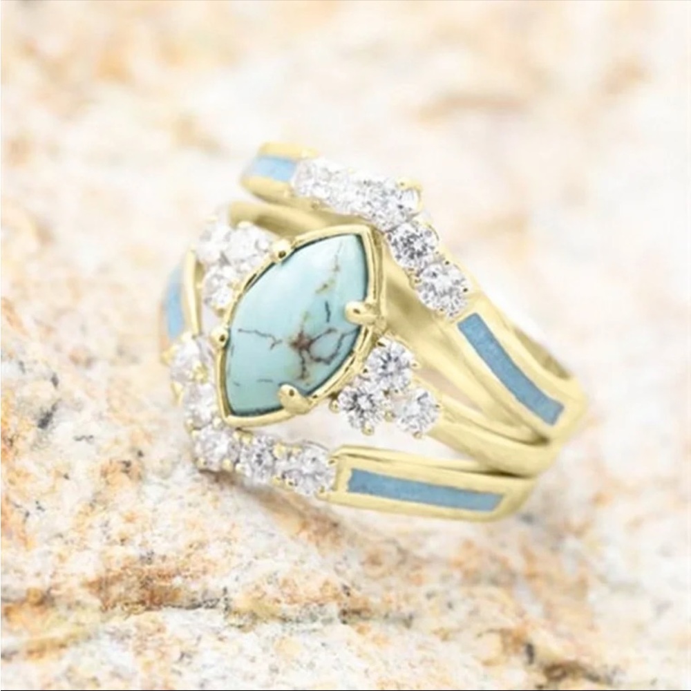 New Women’s Yellow Gold Plated 3pcs/set Multilayer Turquoise Ring - Picture 1 of 6